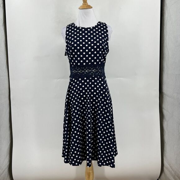 Homeyee Polka Dot Dress Womens 6 Navy Sleeveless Fit & Flare Floral Lace Detail - Picture 3 of 12
